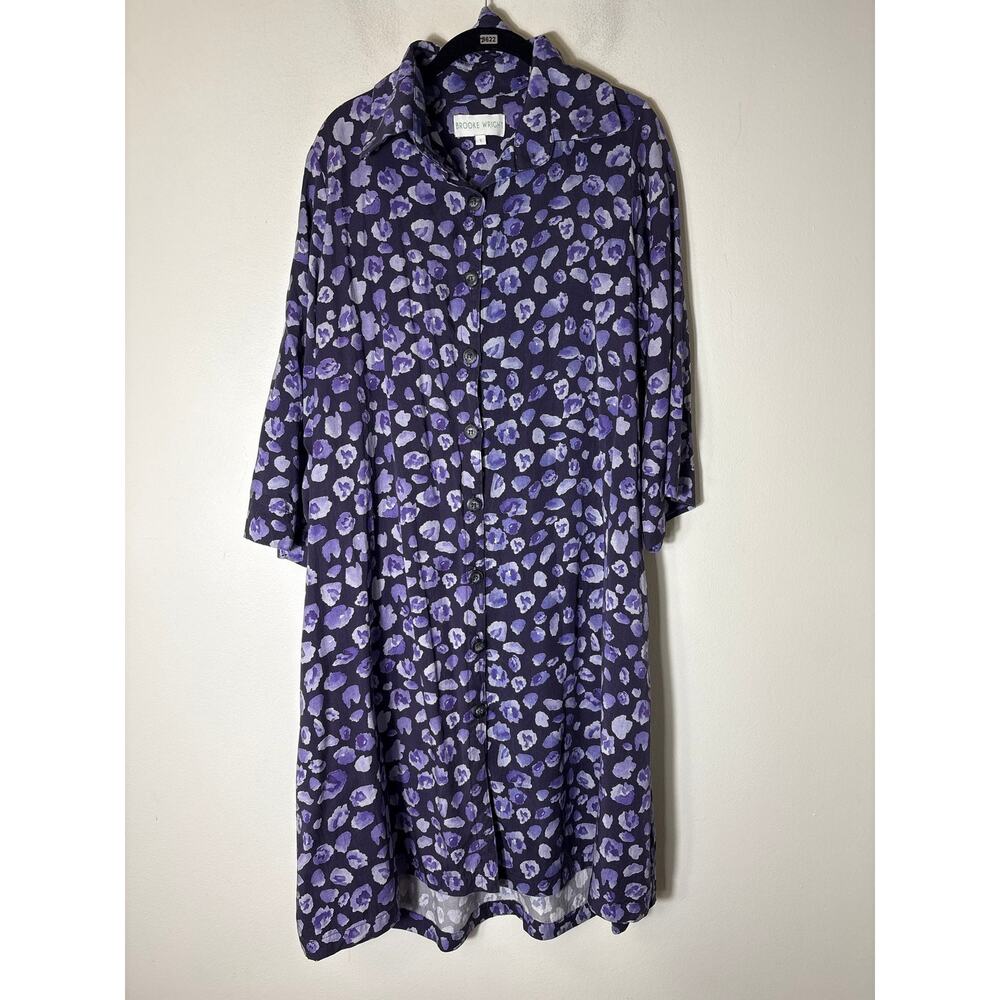 Brooke Wright Navy and Purple Cheetah Print Button Up Shirt Dress Sz L